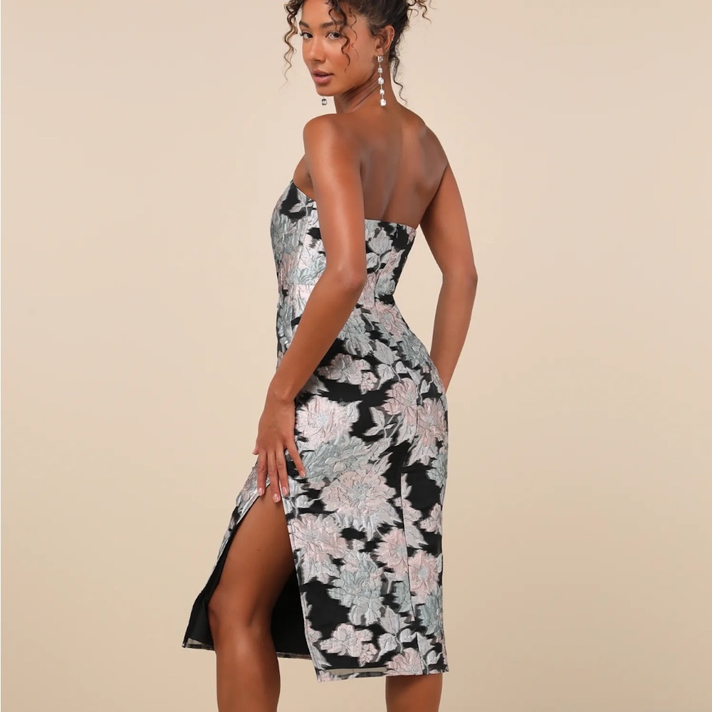 Lulus Upgraded Event Black Jacquard Strapless Bustier Midi Dress - Picture 2 of 5